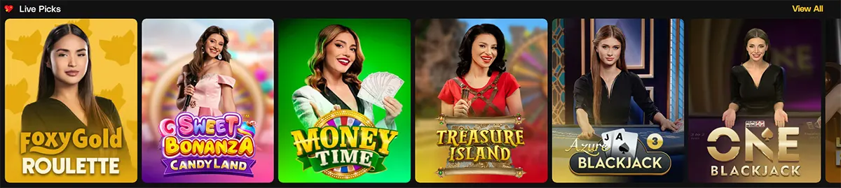 Live Picks” carousel showing live casino game tiles with dealer images, including FoxyGold Roulette, Sweet Bonanza Candyland, Money Time, Treasure Island, Azure Blackjack, and One Blackjack, with a “View All” link.